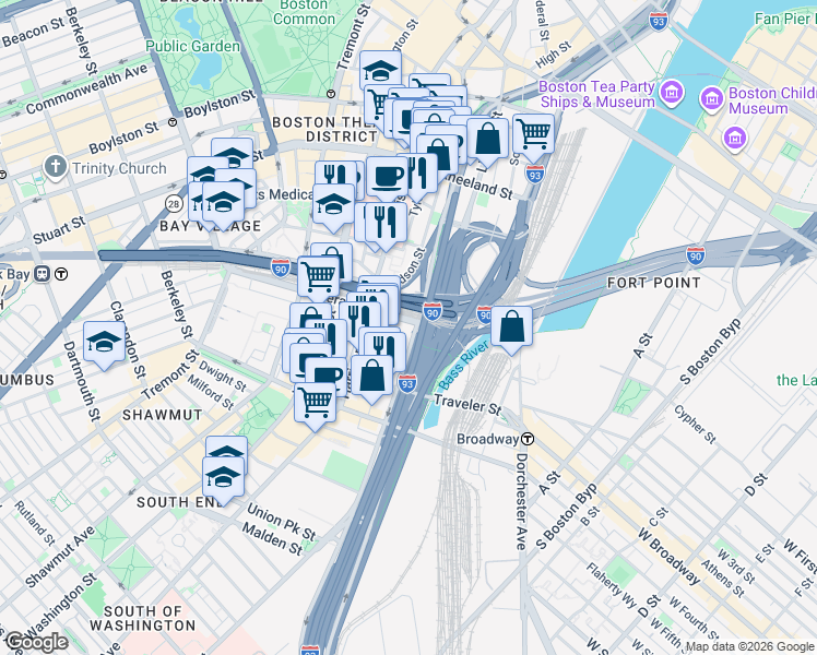 map of restaurants, bars, coffee shops, grocery stores, and more near 237-241 Albany Street in Boston