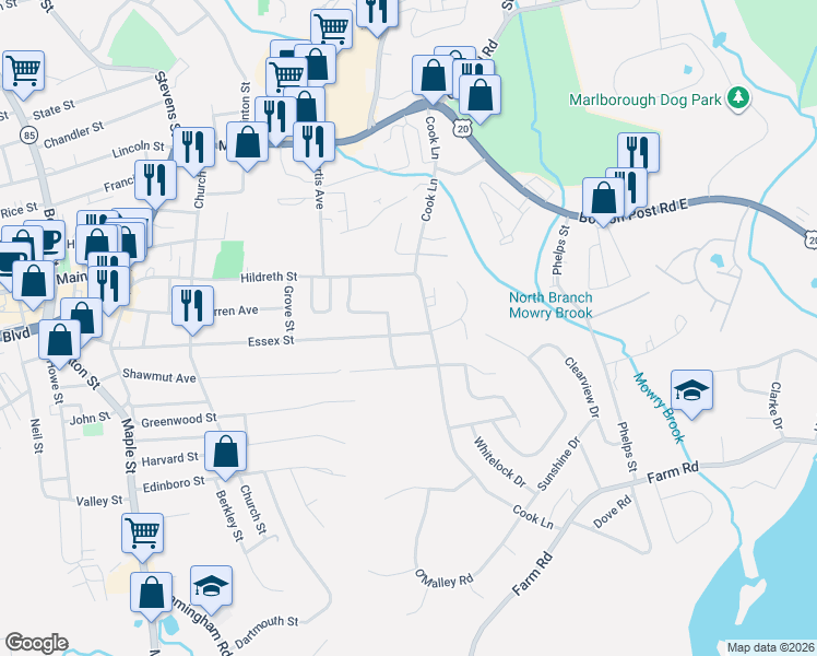 map of restaurants, bars, coffee shops, grocery stores, and more near 254 Essex Street in Marlborough