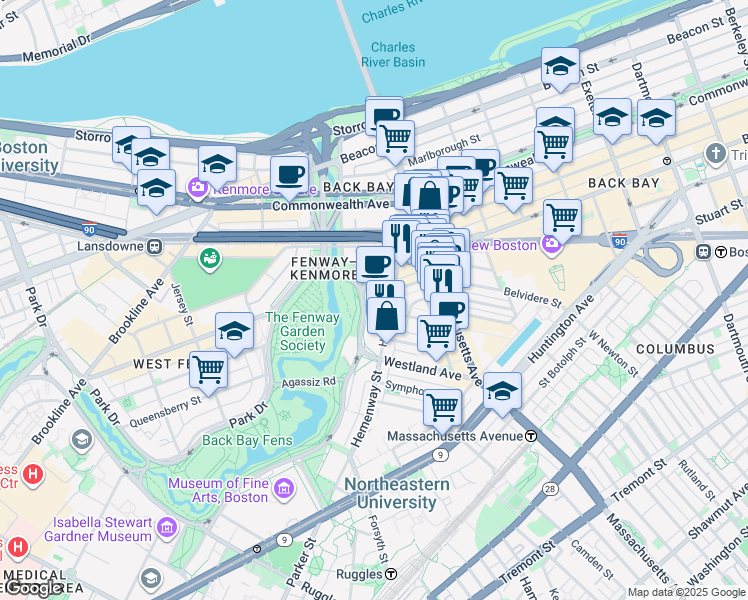 map of restaurants, bars, coffee shops, grocery stores, and more near in Boston