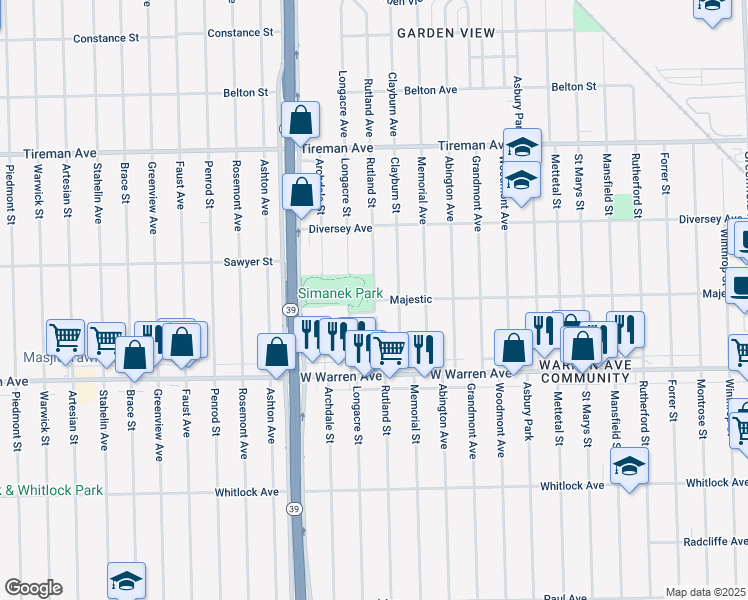 map of restaurants, bars, coffee shops, grocery stores, and more near 7200 Rutland Street in Detroit
