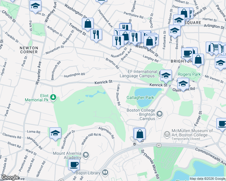map of restaurants, bars, coffee shops, grocery stores, and more near 204 Lake Shore Road in Boston