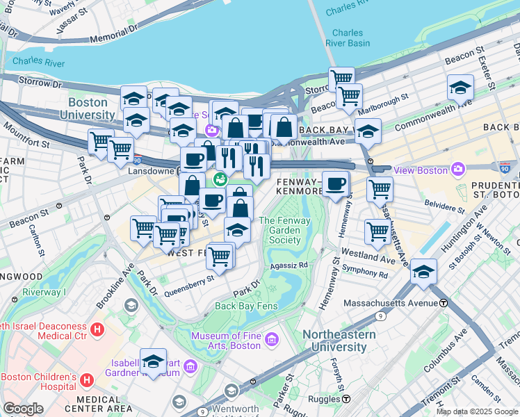 map of restaurants, bars, coffee shops, grocery stores, and more near 1209 Boylston Street in Boston