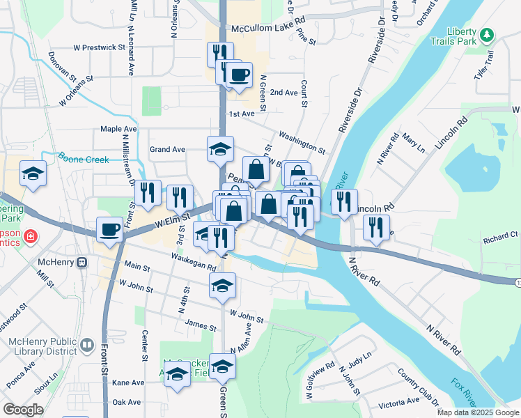 map of restaurants, bars, coffee shops, grocery stores, and more near 1311 Court Street in McHenry