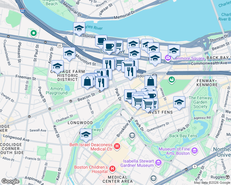 map of restaurants, bars, coffee shops, grocery stores, and more near 880 Beacon Street in Boston