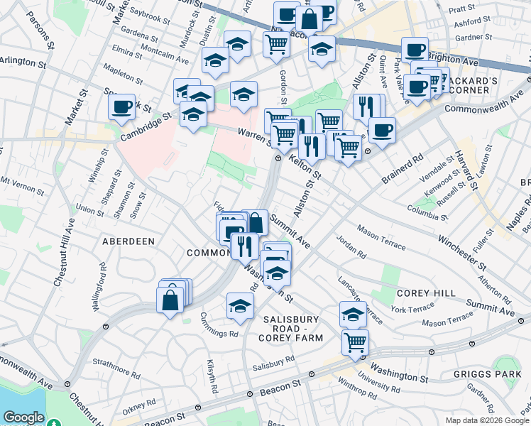 map of restaurants, bars, coffee shops, grocery stores, and more near Commonwealth Avenue & Summit Ave in Boston