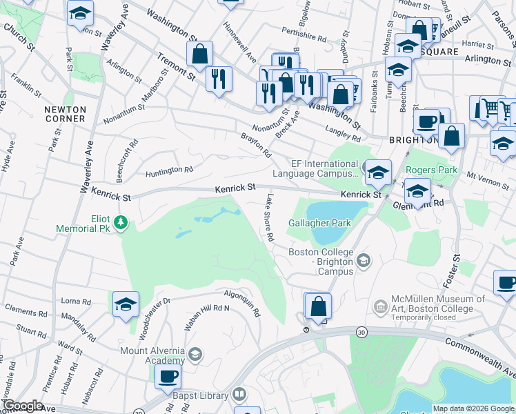 map of restaurants, bars, coffee shops, grocery stores, and more near 10 Lake Shore Court in Boston