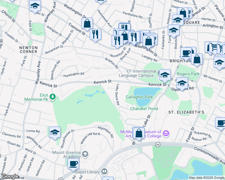map of restaurants, bars, coffee shops, grocery stores, and more near 23 Lake Shore Court in Boston
