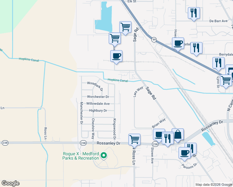 map of restaurants, bars, coffee shops, grocery stores, and more near 2077 Lars Way in Medford