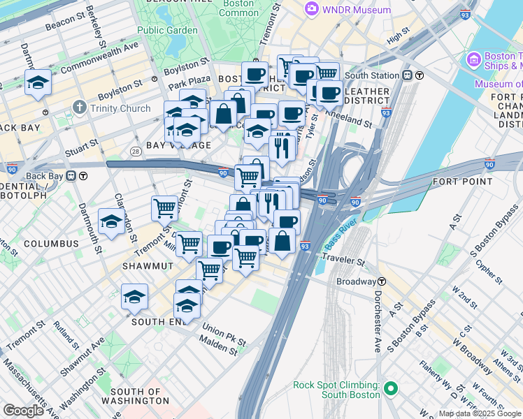 map of restaurants, bars, coffee shops, grocery stores, and more near 297 Harrison Avenue in Boston