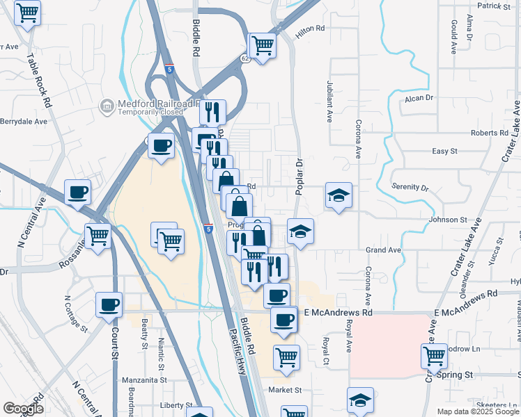 map of restaurants, bars, coffee shops, grocery stores, and more near 1201 Progress Drive in Medford