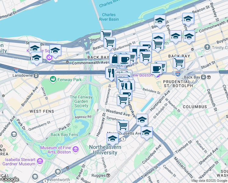 map of restaurants, bars, coffee shops, grocery stores, and more near 4 Haviland Street in Boston