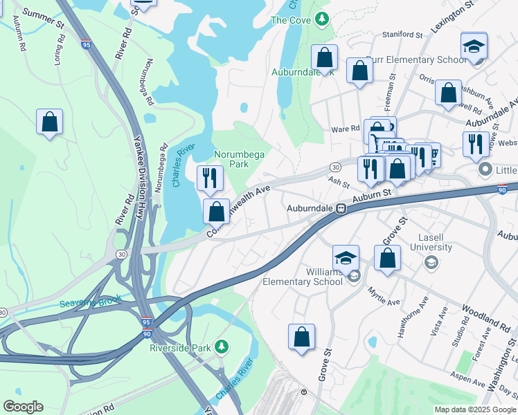 map of restaurants, bars, coffee shops, grocery stores, and more near 59 Bourne Street in Newton
