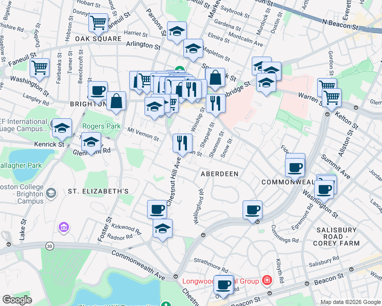 map of restaurants, bars, coffee shops, grocery stores, and more near 27 Eulita Terrace in Boston