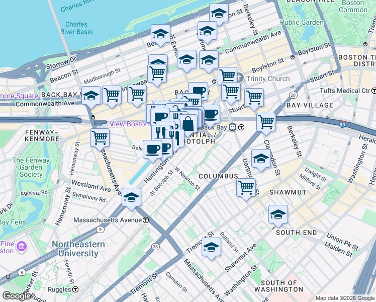map of restaurants, bars, coffee shops, grocery stores, and more near in Boston