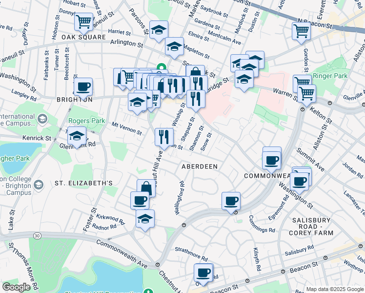 map of restaurants, bars, coffee shops, grocery stores, and more near 39 Shepard Street in Boston
