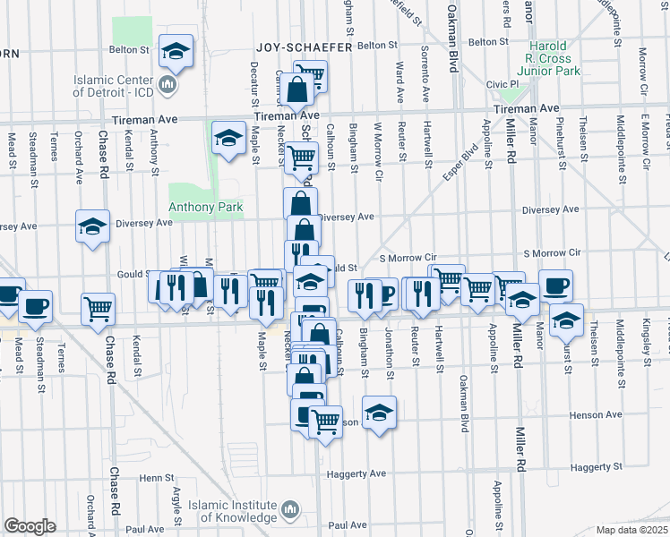 map of restaurants, bars, coffee shops, grocery stores, and more near Gould Street in Dearborn