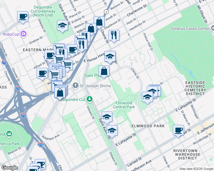 map of restaurants, bars, coffee shops, grocery stores, and more near 2220 Hyde Park Drive in Detroit