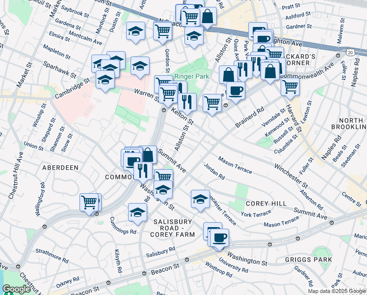 map of restaurants, bars, coffee shops, grocery stores, and more near 11 Vinal Street in Boston
