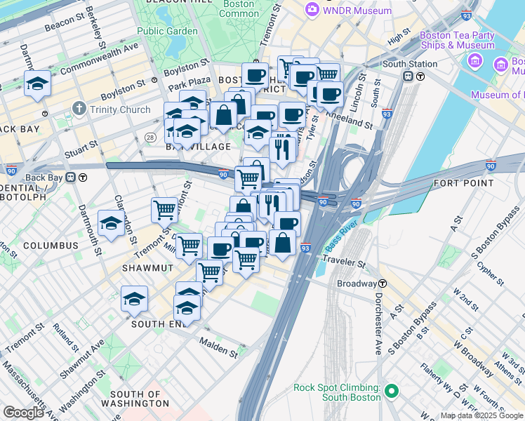 map of restaurants, bars, coffee shops, grocery stores, and more near 1000 Washington Street in Boston