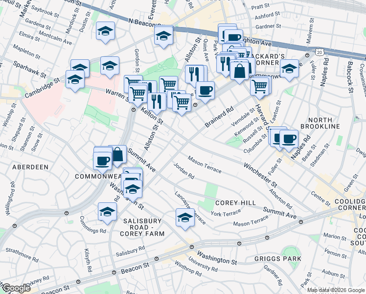 map of restaurants, bars, coffee shops, grocery stores, and more near 239 Kelton Street in Boston