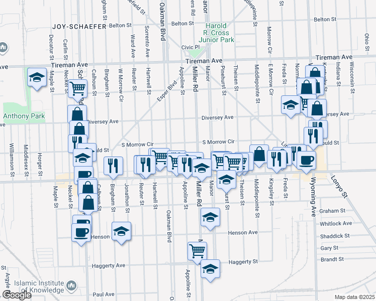 map of restaurants, bars, coffee shops, grocery stores, and more near 7334 Appoline Street in Dearborn