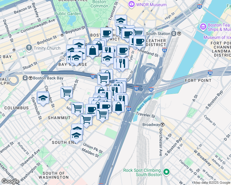 map of restaurants, bars, coffee shops, grocery stores, and more near 297 Harrison Avenue in Boston