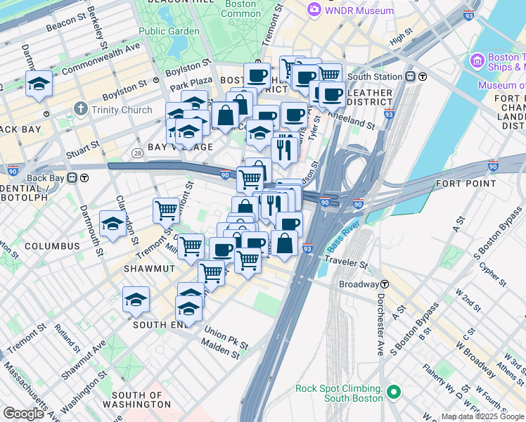 map of restaurants, bars, coffee shops, grocery stores, and more near 1000 Washington Street in Boston