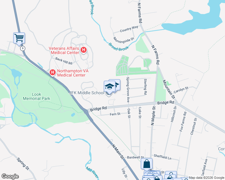 map of restaurants, bars, coffee shops, grocery stores, and more near 100 Bridge Road in Northampton
