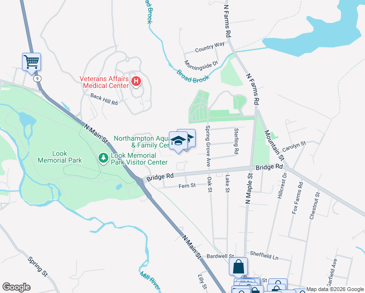 map of restaurants, bars, coffee shops, grocery stores, and more near 100 Bridge Road in Northampton
