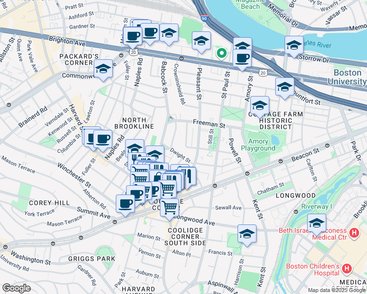 map of restaurants, bars, coffee shops, grocery stores, and more near 107 Browne Street in Brookline