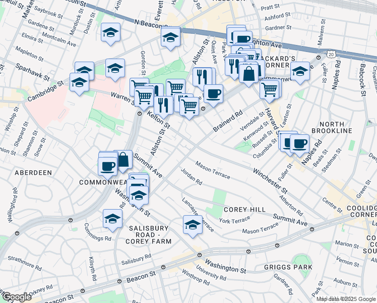 map of restaurants, bars, coffee shops, grocery stores, and more near 239 Kelton Street in Boston