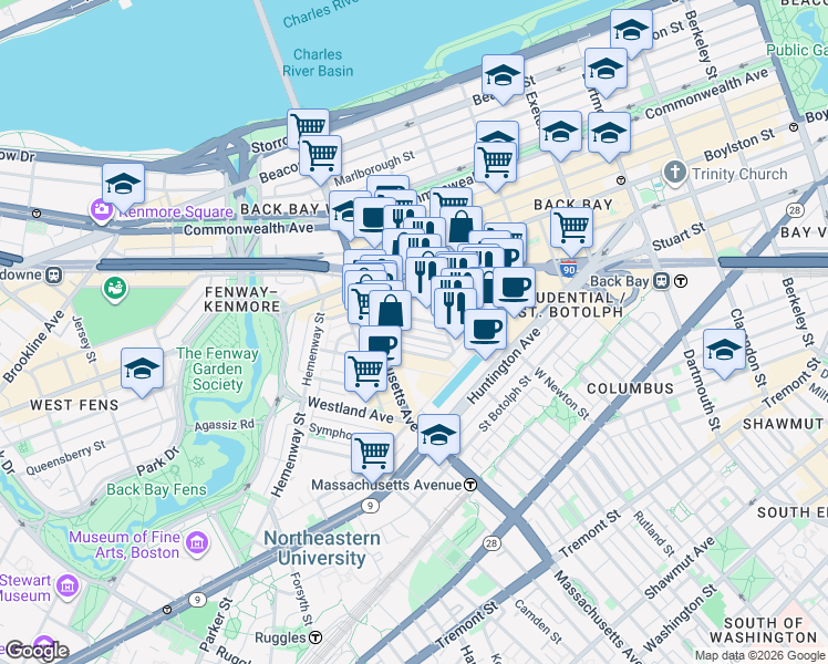 map of restaurants, bars, coffee shops, grocery stores, and more near 40 Dalton Street in Boston