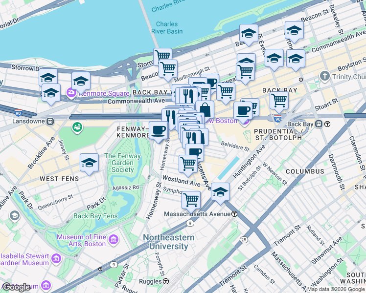 map of restaurants, bars, coffee shops, grocery stores, and more near 4 Haviland Street in Boston