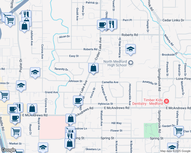 map of restaurants, bars, coffee shops, grocery stores, and more near 1800 Crater Lake Avenue in Medford