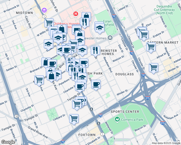 map of restaurants, bars, coffee shops, grocery stores, and more near 236 Erskine Street in Detroit