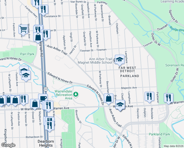 map of restaurants, bars, coffee shops, grocery stores, and more near 7612 Hazelton in Dearborn Heights