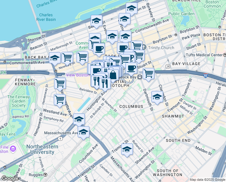 map of restaurants, bars, coffee shops, grocery stores, and more near 17 Garrison Street in Boston