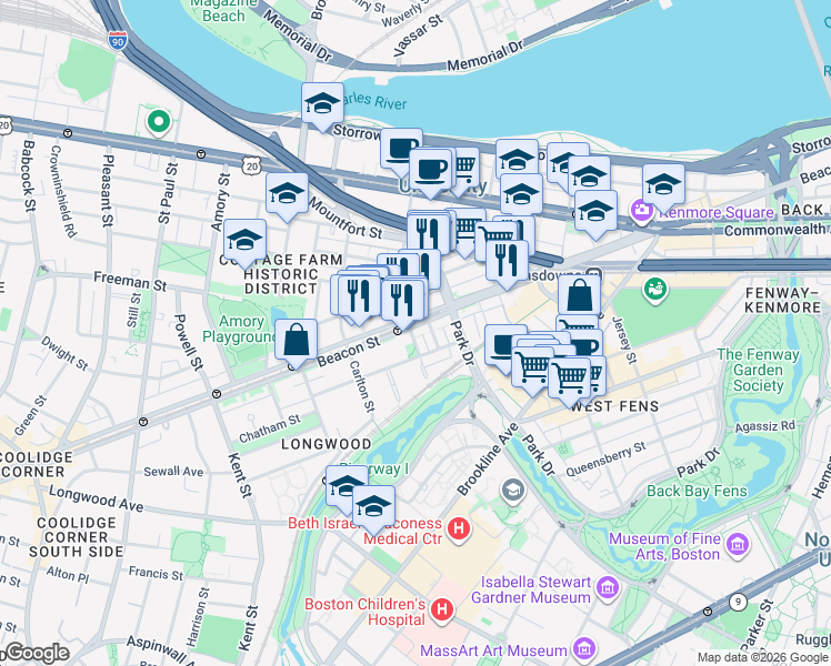 map of restaurants, bars, coffee shops, grocery stores, and more near 912 Beacon Street in Boston