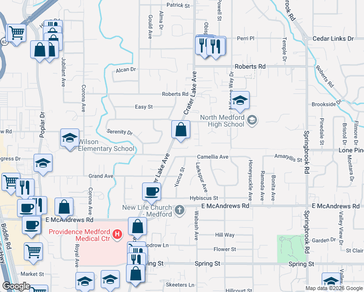 map of restaurants, bars, coffee shops, grocery stores, and more near 1767 Crater Lake Avenue in Medford