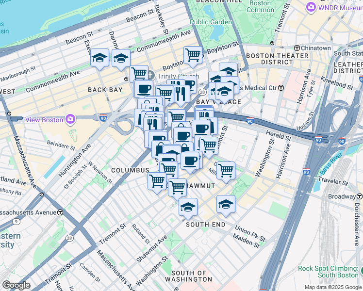 map of restaurants, bars, coffee shops, grocery stores, and more near in Boston
