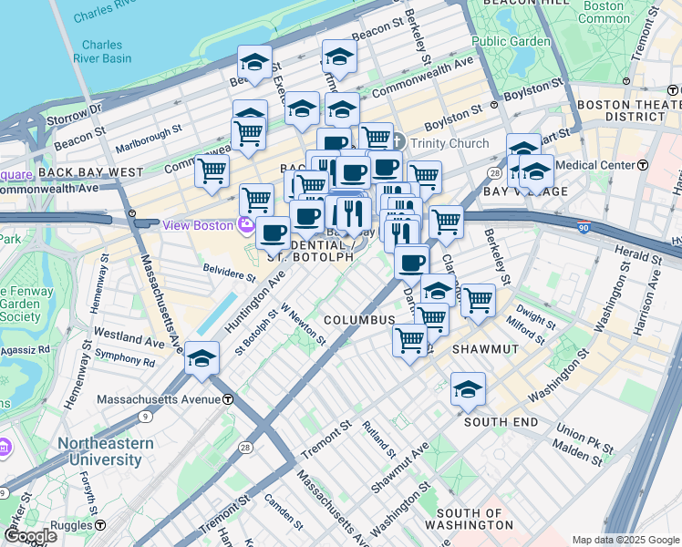 map of restaurants, bars, coffee shops, grocery stores, and more near 100 Huntington Avenue in Boston