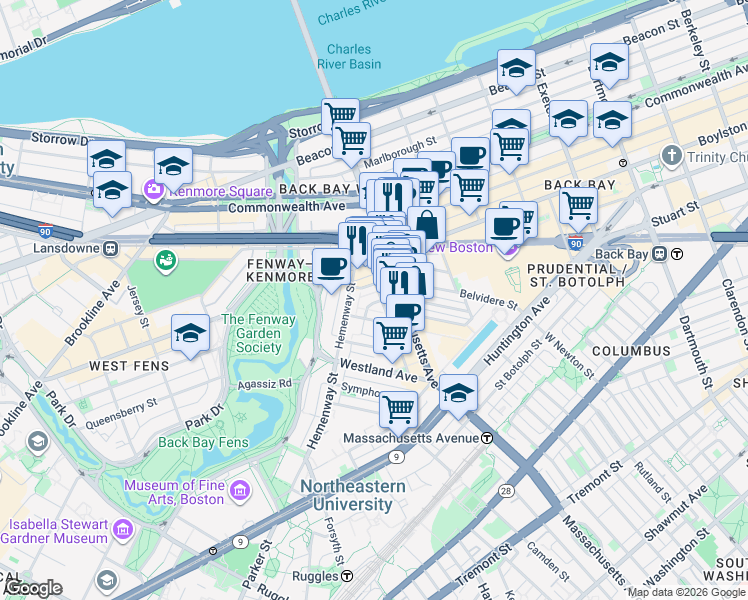 map of restaurants, bars, coffee shops, grocery stores, and more near 4 Haviland Street in Boston