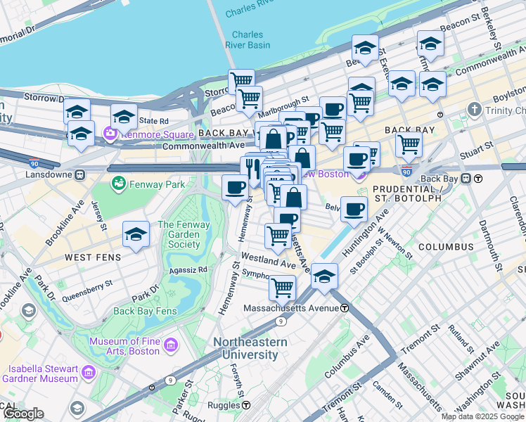 map of restaurants, bars, coffee shops, grocery stores, and more near 4 Haviland Street in Boston