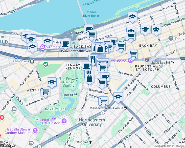 map of restaurants, bars, coffee shops, grocery stores, and more near in Boston