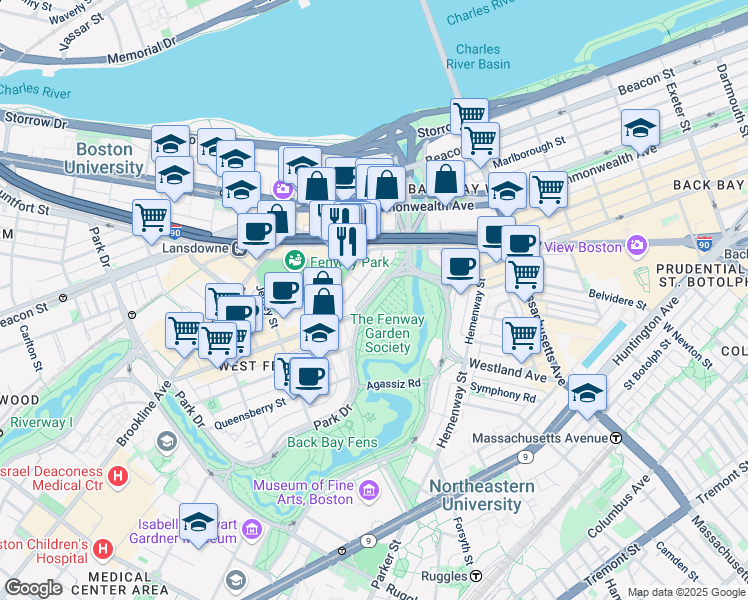 map of restaurants, bars, coffee shops, grocery stores, and more near 1179 Boylston Street in Boston