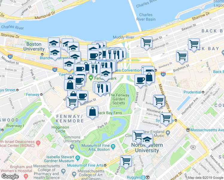 map of restaurants, bars, coffee shops, grocery stores, and more near 1179 Boylston Street in Boston