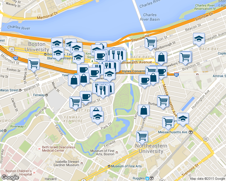 map of restaurants, bars, coffee shops, grocery stores, and more near 1179 Boylston Street in Boston