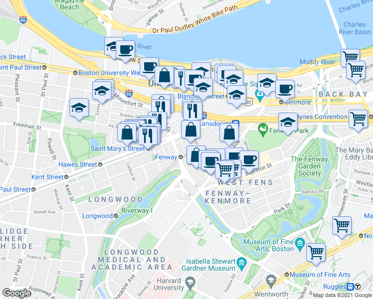 map of restaurants, bars, coffee shops, grocery stores, and more near 877 Beacon Street in Boston