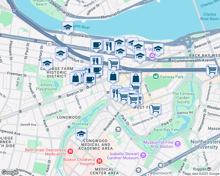 map of restaurants, bars, coffee shops, grocery stores, and more near 880 Beacon Street in Boston