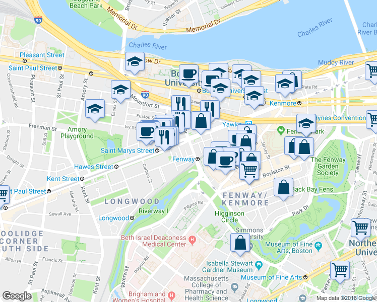 map of restaurants, bars, coffee shops, grocery stores, and more near 880 Beacon Street in Boston